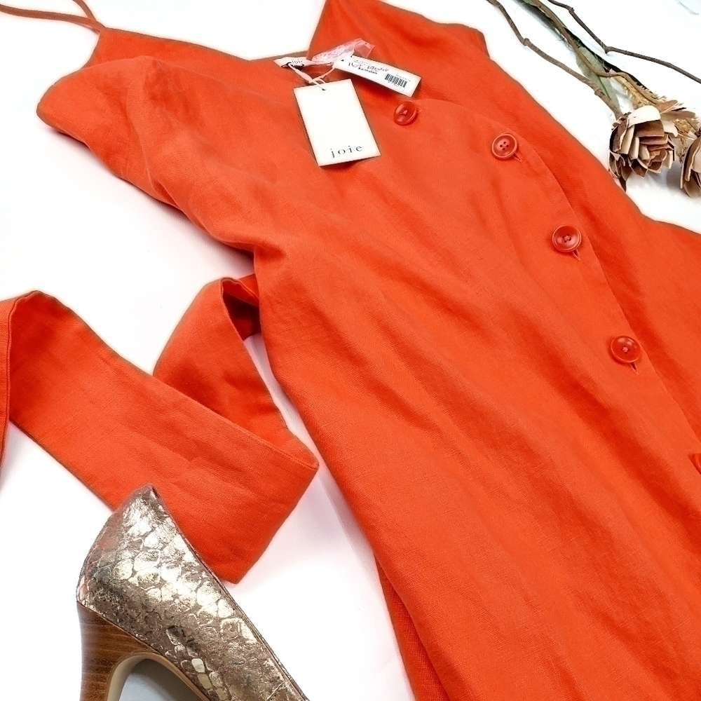 🔴 New JOIE Carmell Warm Terra Orange Linen Dress Size Large - Picture 14 of 16
